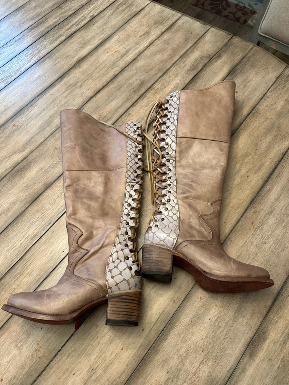 Freebird Women's Tan Leather Lace-Up Western Boots with Snake-Print Panel